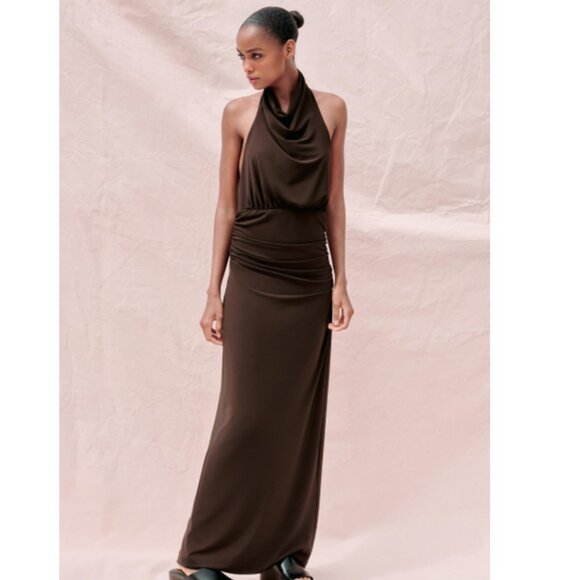 Zara Long Open Back Halter Dress Dark Brown XS - Picture 3 of 8